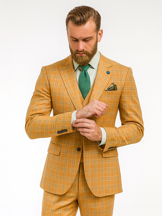 Men’s Stylish Plaid Wedding Suit – Yellow 3-Piece Ensemble