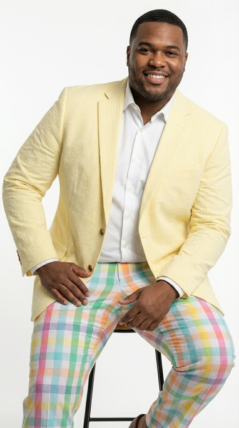 Mens Yellow Seersucker Blazer – Lightweight Summer Sport Coat Formal Casual Wedding Party Jacket