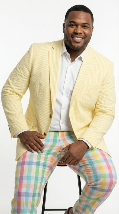 Mens Yellow Seersucker Blazer – Lightweight Summer Sport Coat Formal Casual Wedding Party Jacket