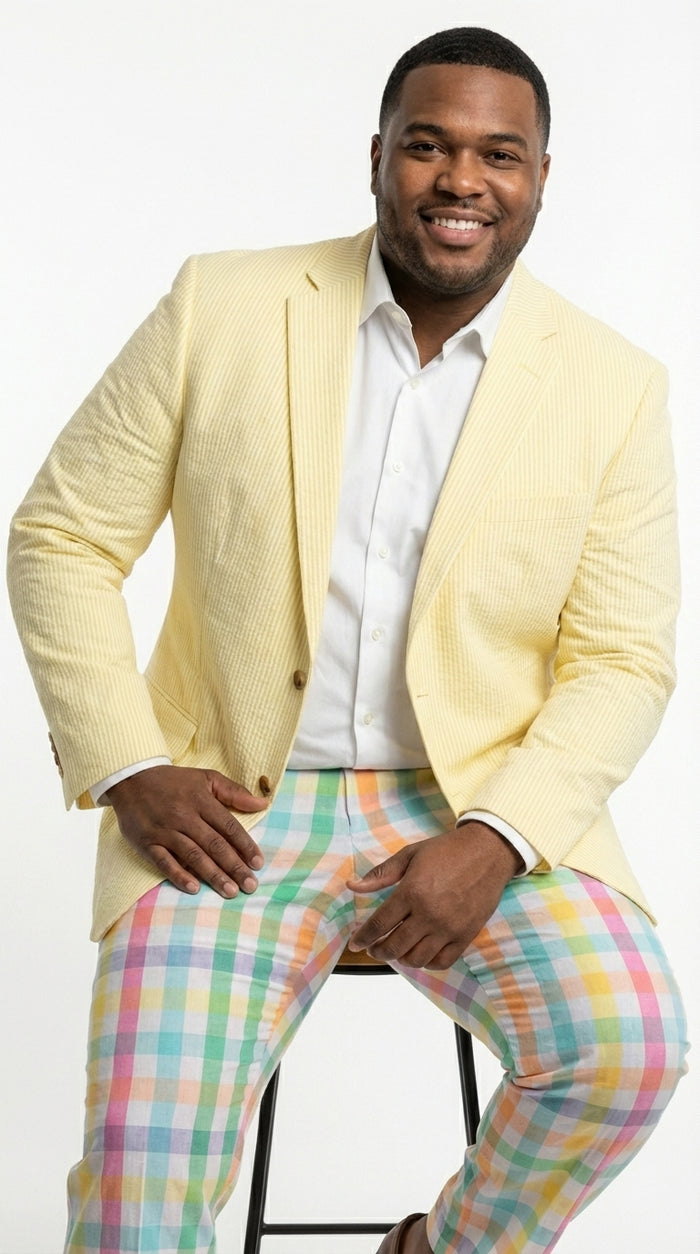 Mens Yellow Seersucker Blazer – Lightweight Summer Sport Coat Formal Casual Wedding Party Jacket