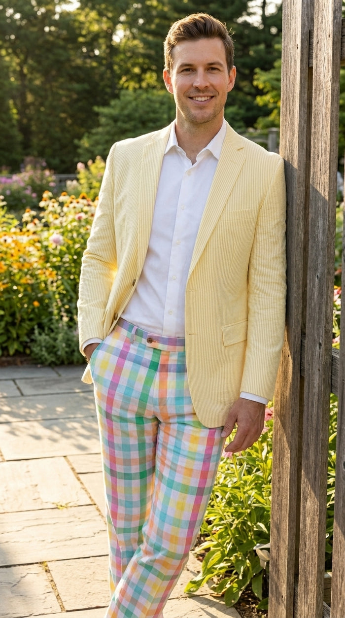 Mens Yellow Seersucker Blazer – Lightweight Summer Sport Coat Formal Casual Wedding Party Jacket