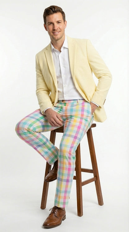 Mens Yellow Seersucker Blazer – Lightweight Summer Sport Coat Formal Casual Wedding Party Jacket