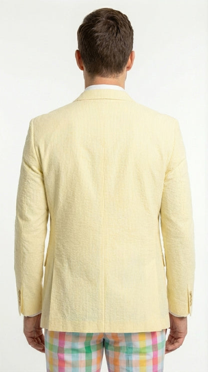 Mens Yellow Seersucker Blazer – Lightweight Summer Sport Coat Formal Casual Wedding Party Jacket