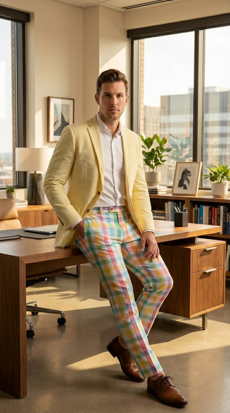Mens Yellow Seersucker Blazer – Lightweight Summer Sport Coat Formal Casual Wedding Party Jacket