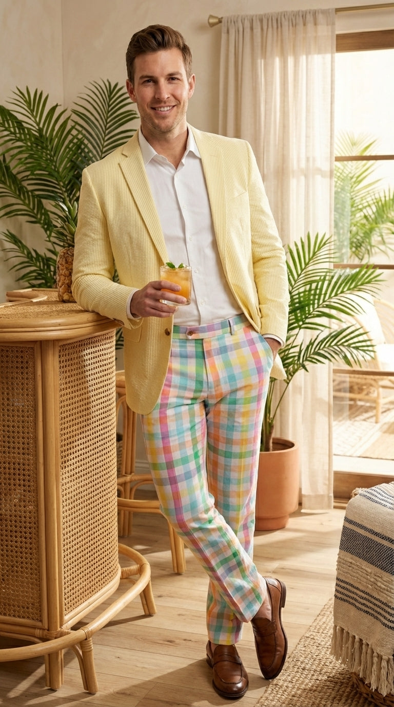 Mens Yellow Seersucker Blazer – Lightweight Summer Sport Coat Formal Casual Wedding Party Jacket