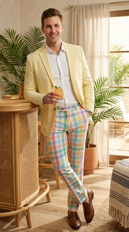 Mens Yellow Seersucker Blazer – Lightweight Summer Sport Coat Formal Casual Wedding Party Jacket