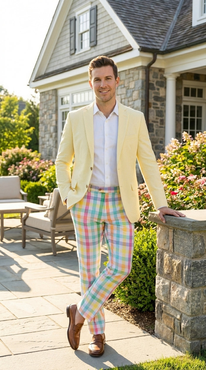 Mens Yellow Seersucker Blazer – Lightweight Summer Sport Coat Formal Casual Wedding Party Jacket