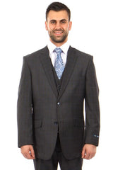 Mens Zegarie Brand Men's 100% Wool  Vested Suit in Charcoal Grey & Blue Windowpane Plaid Modern Fit
