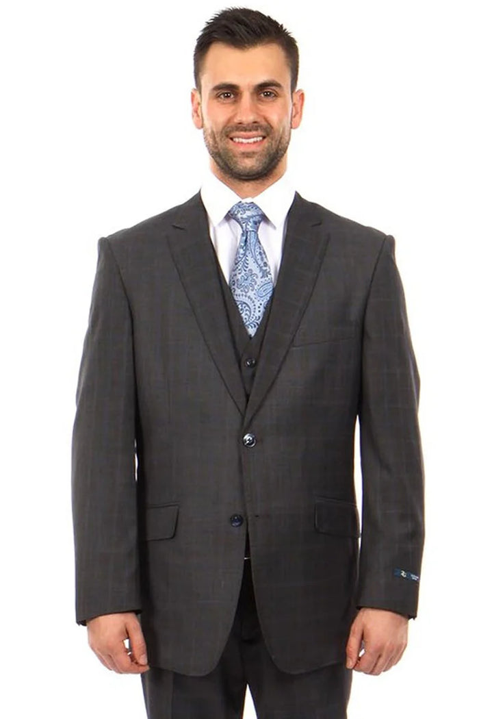 Mens Zegarie Brand Men's 100% Wool  Vested Suit in Charcoal Grey & Blue Windowpane Plaid Modern Fit