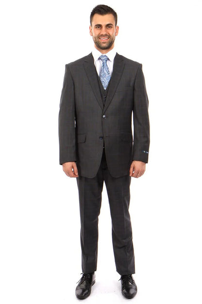 Mens Zegarie Brand Men's 100% Wool  Vested Suit in Charcoal Grey & Blue Windowpane Plaid Modern Fit