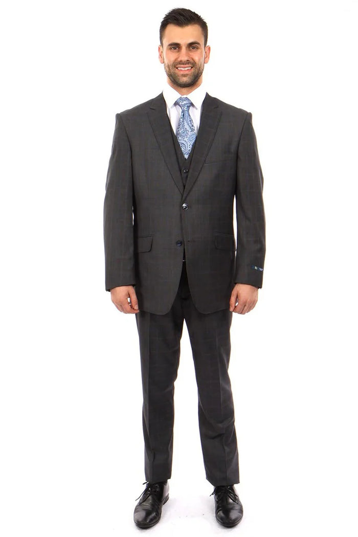 Mens Zegarie Brand Men's 100% Wool  Vested Suit in Charcoal Grey & Blue Windowpane Plaid Modern Fit