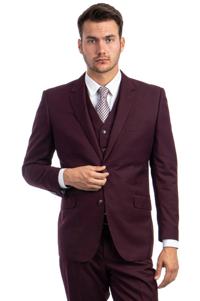 Mens Zegarie Brand Men's Designer Two Button Vested Wool Suit in Burgundy Modern Fit