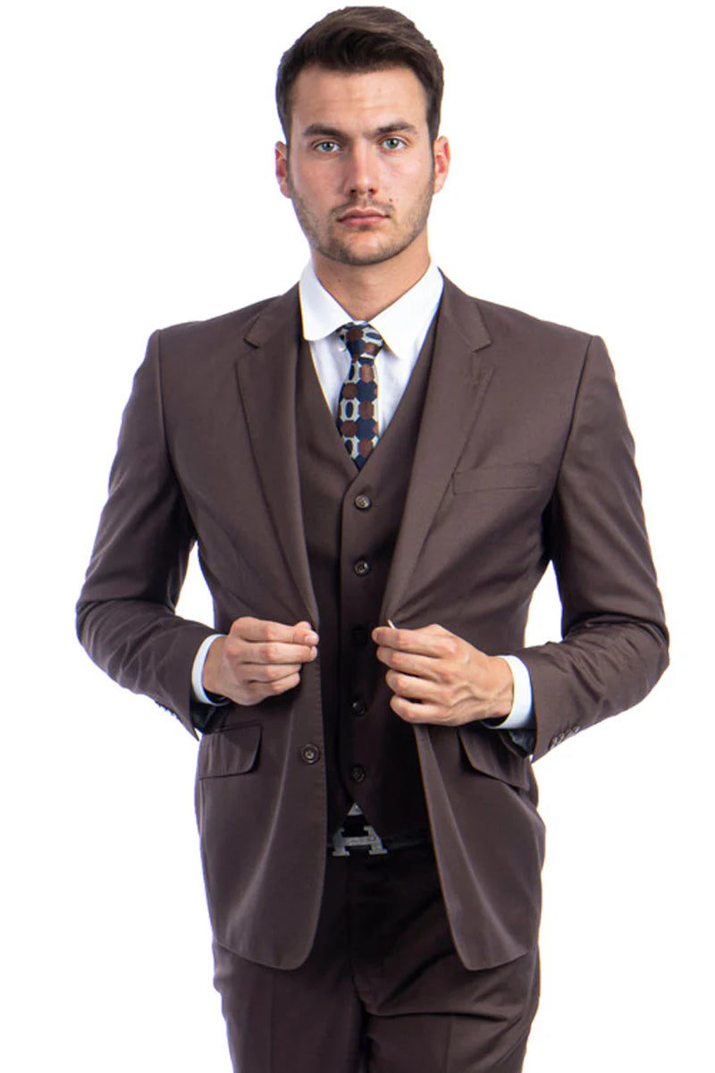 Mens Zegarie Brand Men's Designer Two Button  Vested Wool Suit in Cocoa Brown Modern Fit