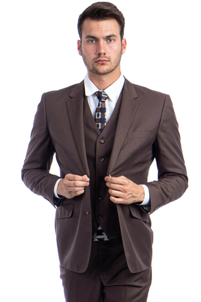 Mens Zegarie Brand Men's Designer Two Button  Vested Wool Suit in Cocoa Brown Modern Fit