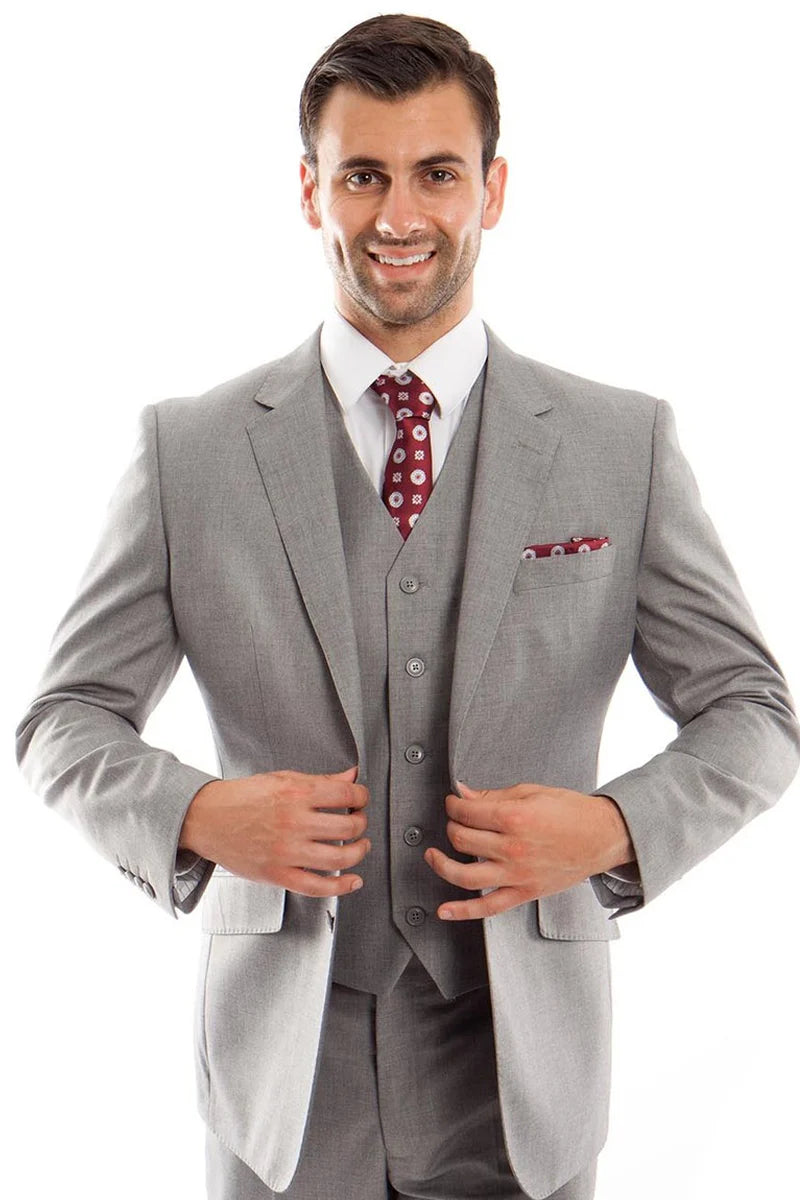 Mens Zegarie Brand Men's Designer Two Button Vested Wool Suit in Grey Modern Fit