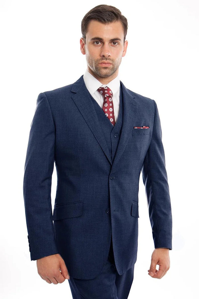 Mens Zegarie Brand Men's Designer Two Button  Vested Wool Suit in Indigo Blue Modern Fit