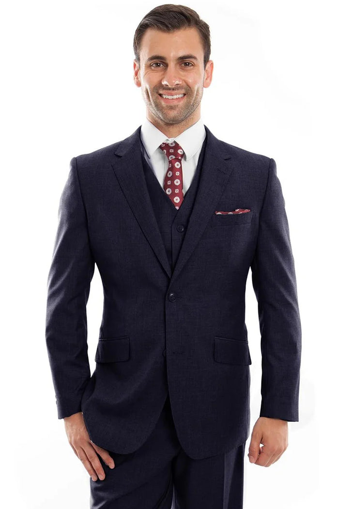 Mens Zegarie Brand Men's Designer Two Button Vested Wool Suit in Navy Blue Modern Fit