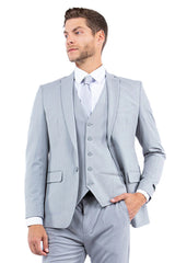 Mens Zegarie Brand Men's One Button Vested Slim Fit Business & Wedding Suit in Light Grey