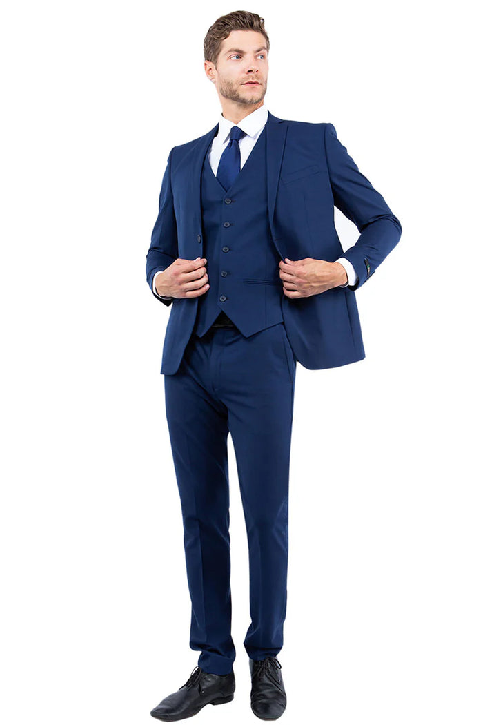 Mens Zegarie Brand Men's One Button Vested Slim Fit Business & Wedding Suit in Navy Blue
