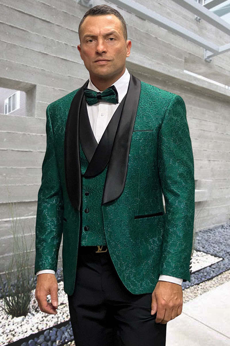 Designer Hunter Green Wedding Tuxedo for Men – Vested Floral Lace Suit - Image 9