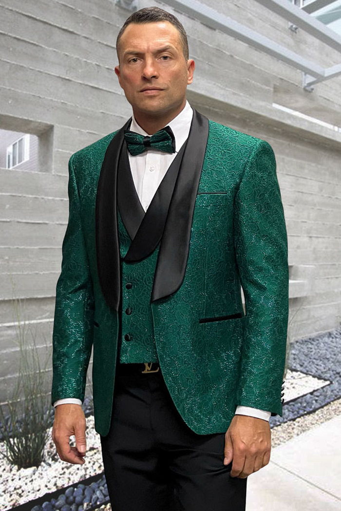 Designer Hunter Green Wedding Tuxedo for Men – Vested Floral Lace Suit - Image 9