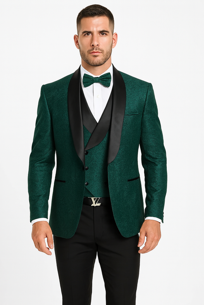 Designer Hunter Green Wedding Tuxedo for Men – Vested Floral Lace Suit ...