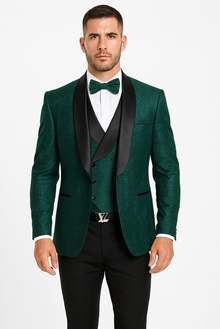 Designer Hunter Green Wedding Tuxedo for Men – Vested Floral Lace Suit