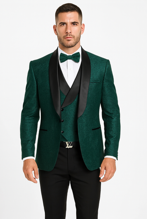 Designer Hunter Green Wedding Tuxedo for Men – Vested Floral Lace Suit