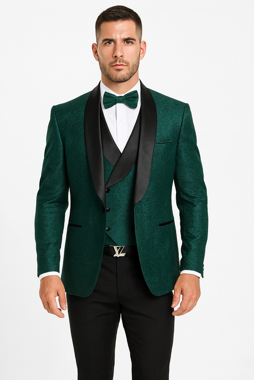 Designer Hunter Green Wedding Tuxedo for Men – Vested Floral Lace Suit