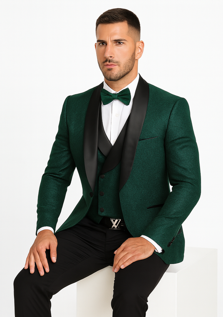 Designer Hunter Green Wedding Tuxedo for Men – Vested Floral Lace Suit - Image 4