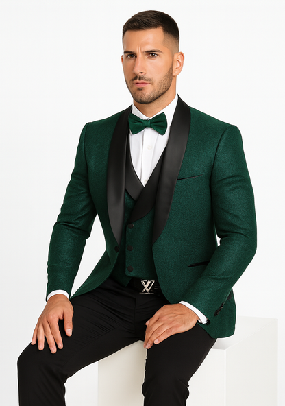 Designer Hunter Green Wedding Tuxedo for Men – Vested Floral Lace Suit - Image 4