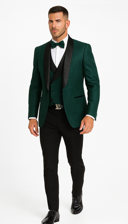 Designer Hunter Green Wedding Tuxedo for Men – Vested Floral Lace Suit - Image 5
