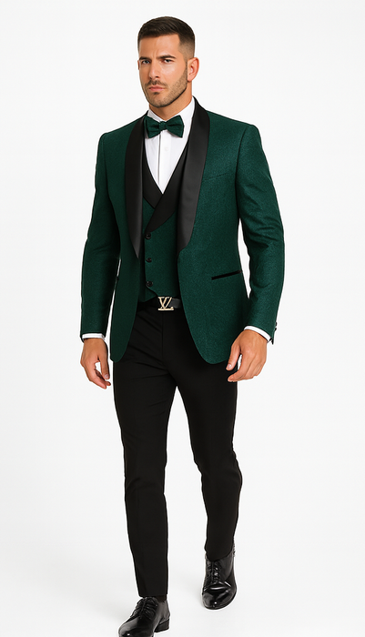 Designer Hunter Green Wedding Tuxedo for Men – Vested Floral Lace Suit