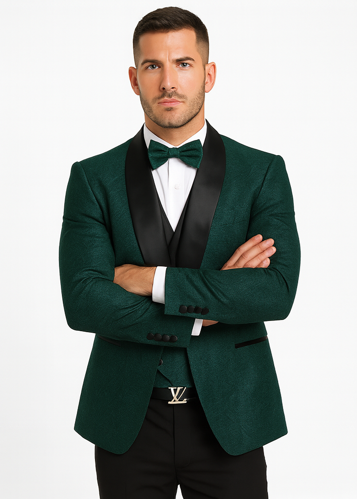Designer Hunter Green Wedding Tuxedo for Men – Vested Floral Lace Suit - Image 7