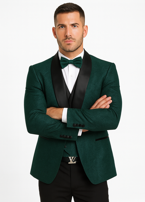 Designer Hunter Green Wedding Tuxedo for Men – Vested Floral Lace Suit