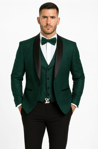 Designer Hunter Green Wedding Tuxedo for Men – Vested Floral Lace Suit - Image 6