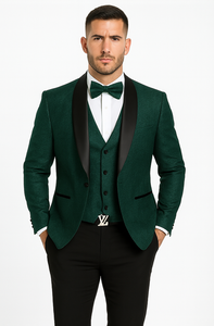 Designer Hunter Green Wedding Tuxedo for Men – Vested Floral Lace Suit