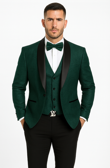 Designer Hunter Green Wedding Tuxedo for Men – Vested Floral Lace Suit