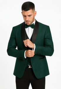 Designer Hunter Green Wedding Tuxedo for Men – Vested Floral Lace Suit