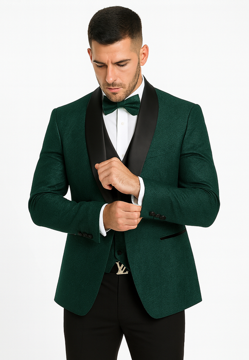 Designer Hunter Green Wedding Tuxedo for Men – Vested Floral Lace Suit