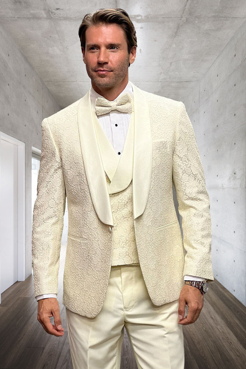 Designer Ivory Wedding Tuxedo for Men – Vested Floral Lace Suit Set - Image 9