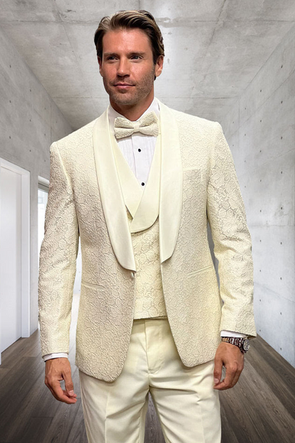 Designer Ivory Wedding Tuxedo for Men – Vested Floral Lace Suit Set - Image 9
