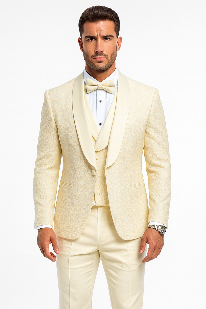Mensusa Designer Ivory Wedding Tuxedo for Men – Vested Floral Lace Suit Set ...