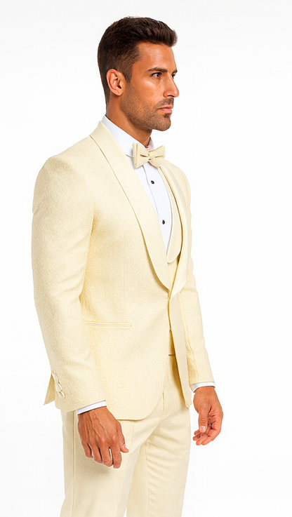 Designer Ivory Wedding Tuxedo for Men – Vested Floral Lace Suit Set - Image 3