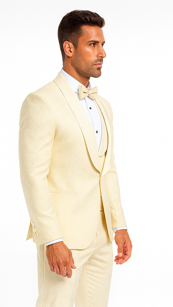 Designer Ivory Wedding Tuxedo for Men – Vested Floral Lace Suit Set - Image 3