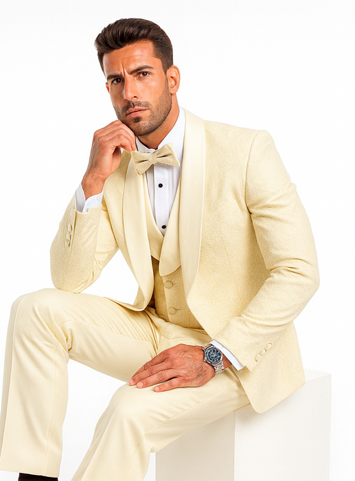 Designer Ivory Wedding Tuxedo for Men – Vested Floral Lace Suit Set