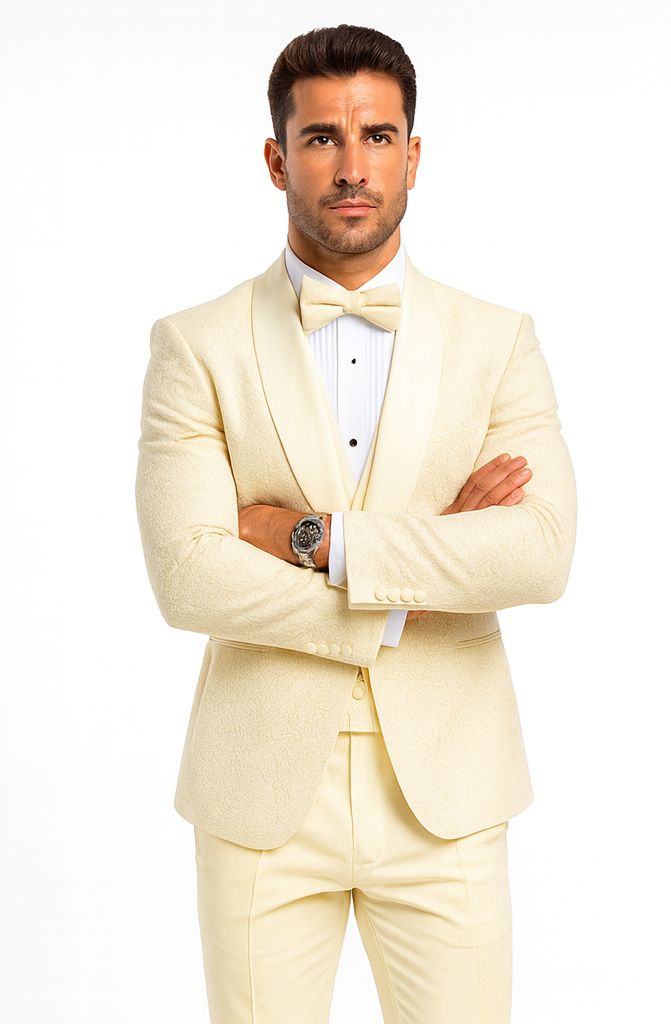 Designer Ivory Wedding Tuxedo for Men – Vested Floral Lace Suit Set - Image 4