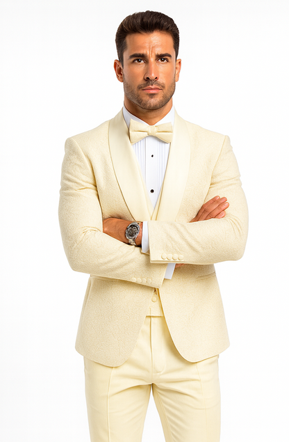 Designer Ivory Wedding Tuxedo for Men – Vested Floral Lace Suit Set - Image 4