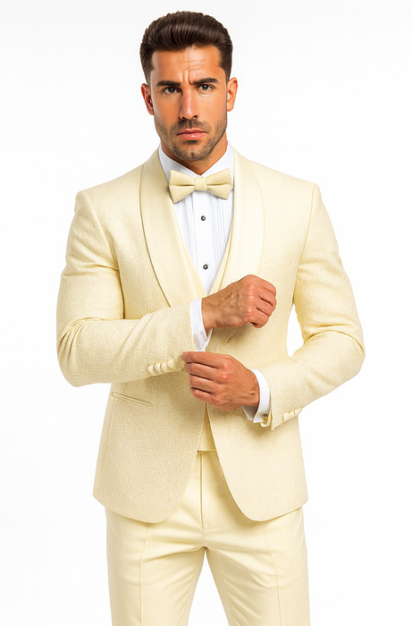 Designer Ivory Wedding Tuxedo for Men – Vested Floral Lace Suit Set