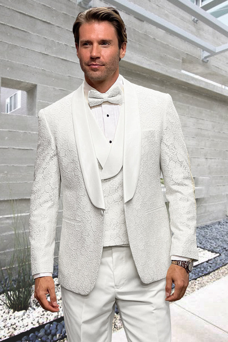 Designer White Wedding Tuxedo for Men – Vested Floral Lace Suit Set - Image 9